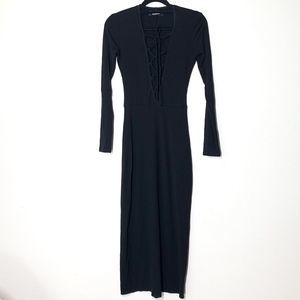 Reformation Edison Dress XS Black Lace Up Ribbed Long Sleeve Midi
